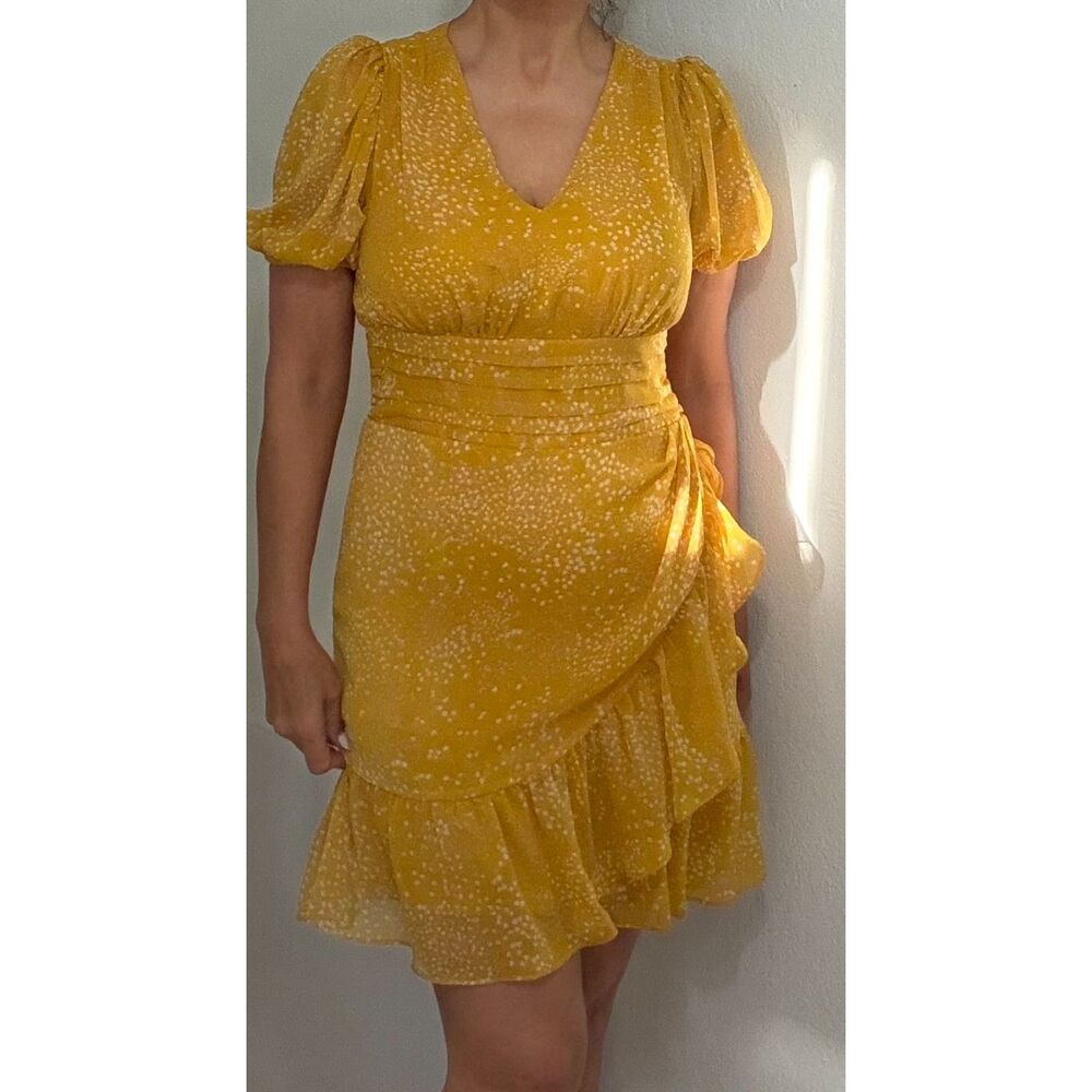Express Dress Womens Yellow Faux Wrap Short Sleeve Polka Dot Ruff size small
